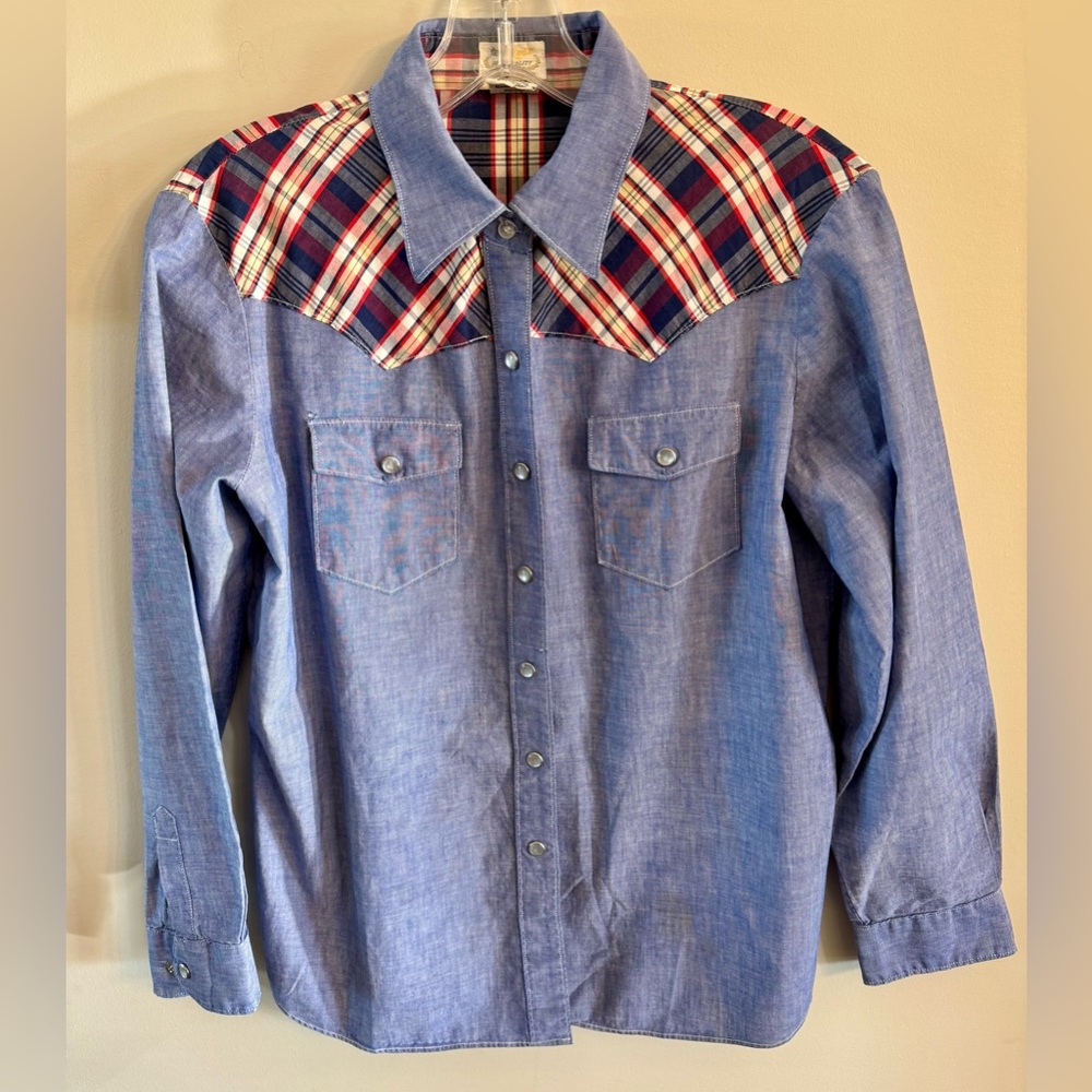 Vintage Denim Chambray and Plaid Pearl‎ Snap Shirt